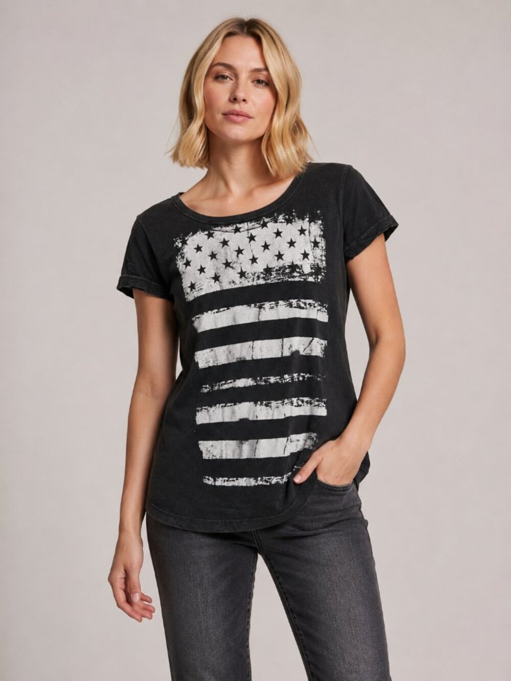 Chaser American Flag Graphic Tee Womens Large Gray Slub Knit NWT